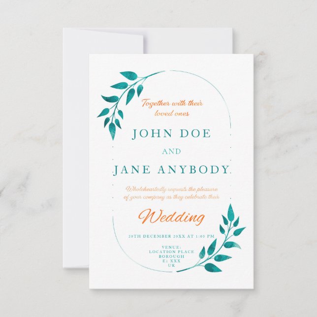 Einladung zur Hochzeit von aquamarinen und orangef (Vorderseite)