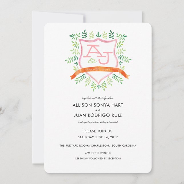 Einladung zur Hochzeit von Aquarellen mit Wappen M (Vorderseite)