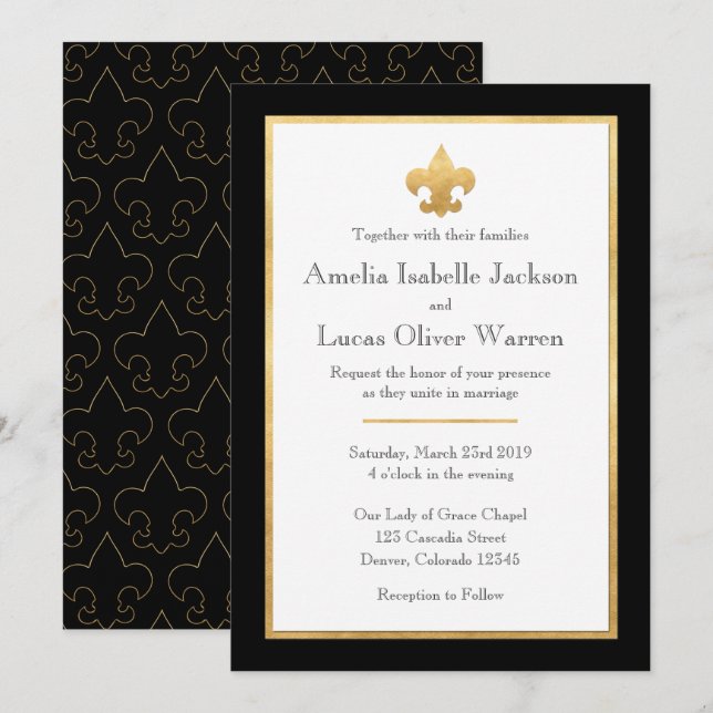 Einladung zur Hochzeit von Black & Gold-Lilie (Vorne/Hinten)