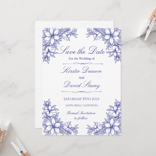 Einladung zur Hochzeit von Blauem Verziertem Blume (Vorderseite/Rückseite Beispiel)