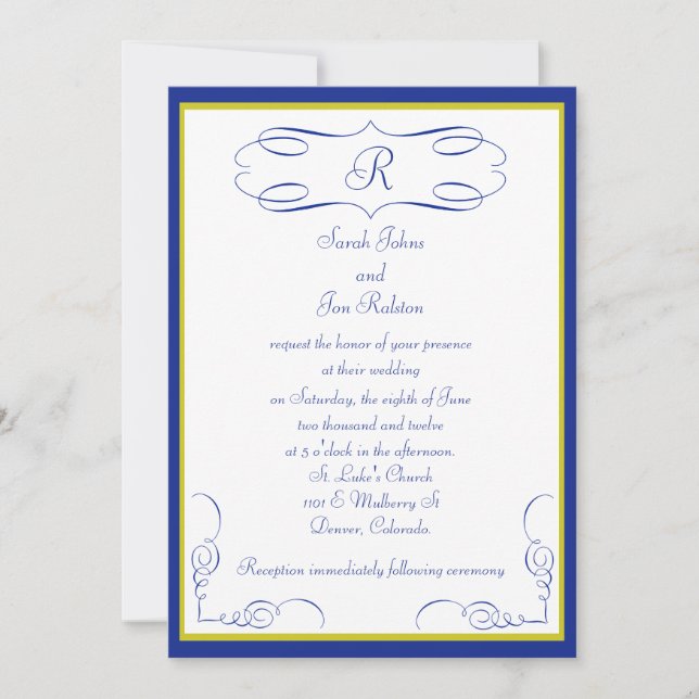 Einladung zur Hochzeit von Blue Gold Monogram (Vorderseite)