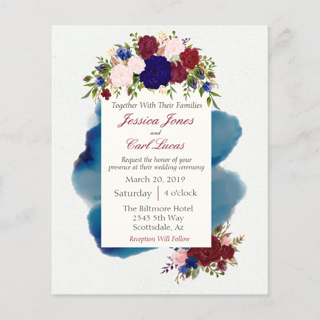 Einladung zur Hochzeit von Burgund-Navy-Floral-Was (Vorderseite)