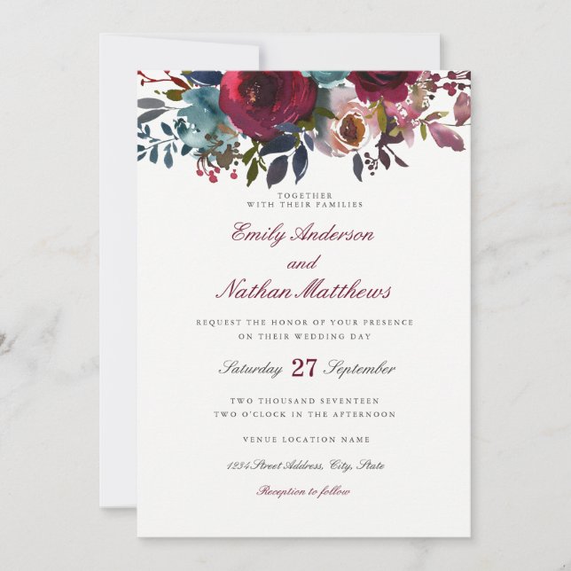 Einladung zur Hochzeit von Burgund Red Watercolor (Vorderseite)