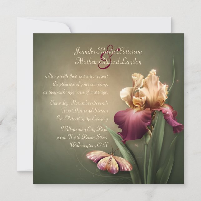 Einladung zur Hochzeit von Burgund und Cream Iris (Vorderseite)