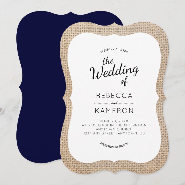 Einladung zur Hochzeit von Burlap- und Navy Blue B (Vorne/Hinten)
