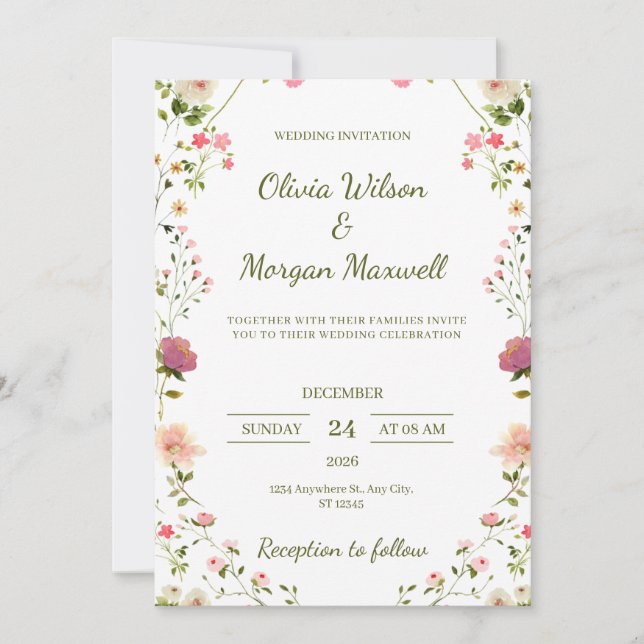 Einladung zur Hochzeit von Creme und Green Floral (Vorderseite)