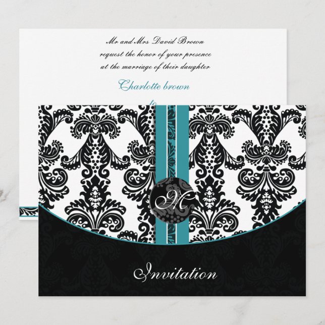 Einladung zur Hochzeit von Damask aqua (Vorne/Hinten)