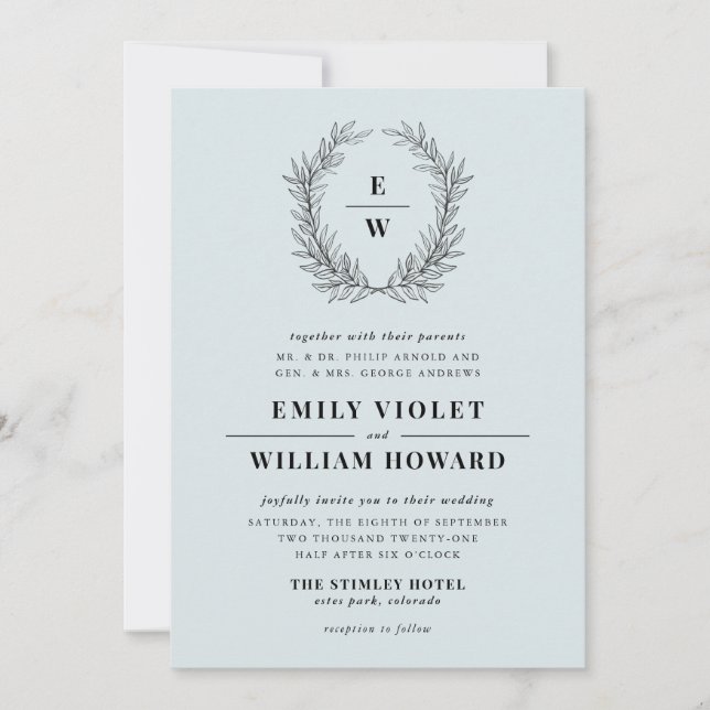 Einladung zur Hochzeit von Dusty Blue Wreath Monog (Vorderseite)