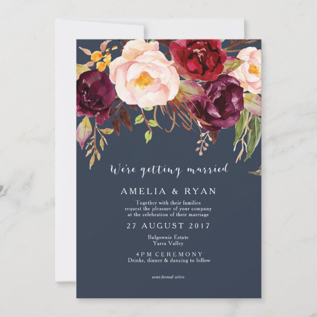 Einladung zur Hochzeit von Floral Burgund Navy (Vorderseite)