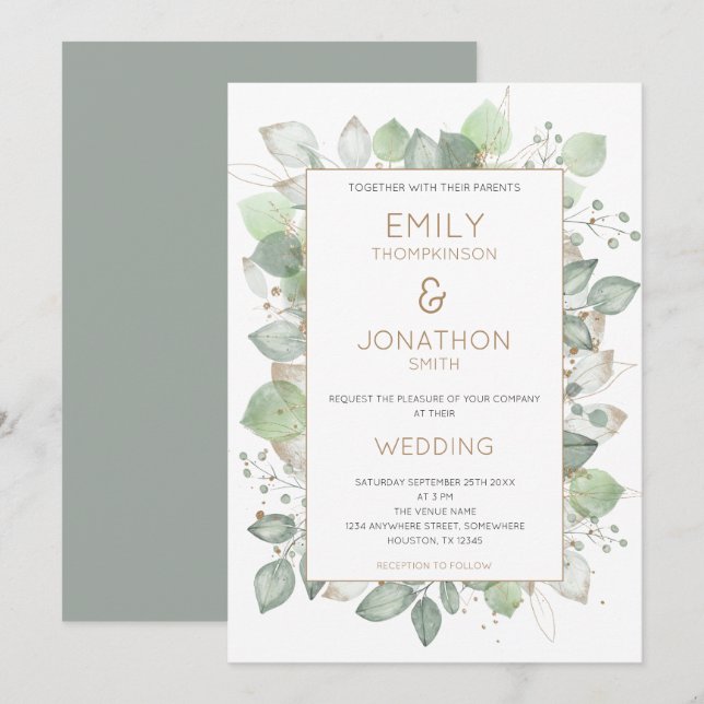 Einladung zur Hochzeit von Foliage Border Gold Sag (Vorne/Hinten)