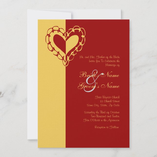 Einladung zur Hochzeit von Gelb und Rotem Herz (Vorderseite)