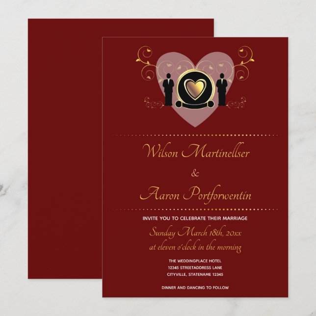 Einladung zur Hochzeit von Gold Heart Burgundy Mal (Vorne/Hinten)