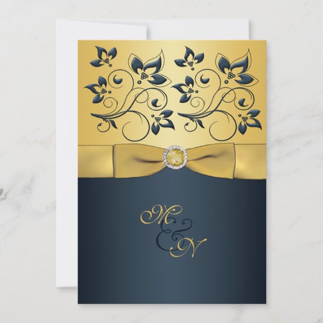Einladung zur Hochzeit von Gold, Navy Floral Monog (Vorderseite)