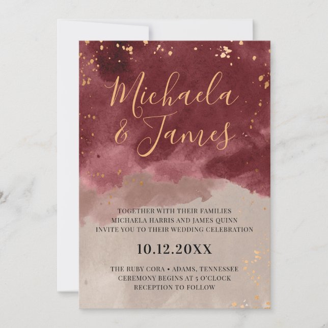 Einladung zur Hochzeit von Gold und Burgund (Vorderseite)