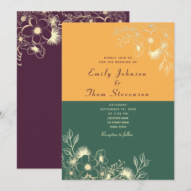 Einladung zur Hochzeit von Gold und Emerald Green (Vorne/Hinten)