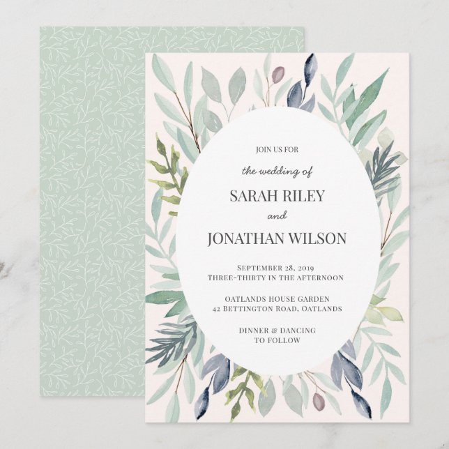 Einladung zur Hochzeit von Green Foliage Leafy (Vorne/Hinten)