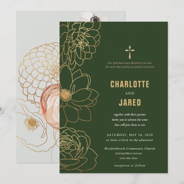 Einladung zur Hochzeit von Green Gold Gilded Cross (Vorne/Hinten)