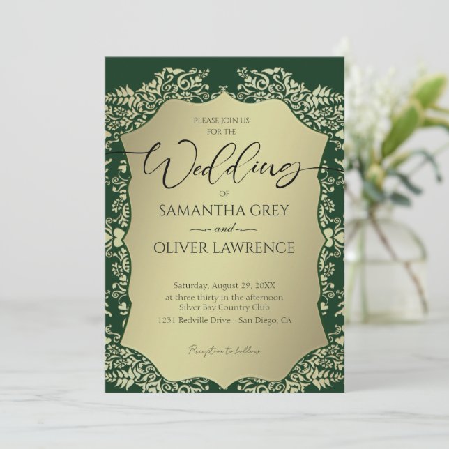 Einladung zur Hochzeit von Green und Gold Damask (Stehend Vorderseite)