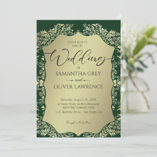 Einladung zur Hochzeit von Green und Gold Damask