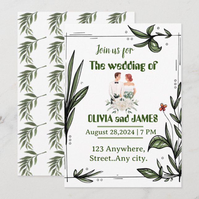 Einladung zur Hochzeit von Grün und Weiß (Vorne/Hinten)