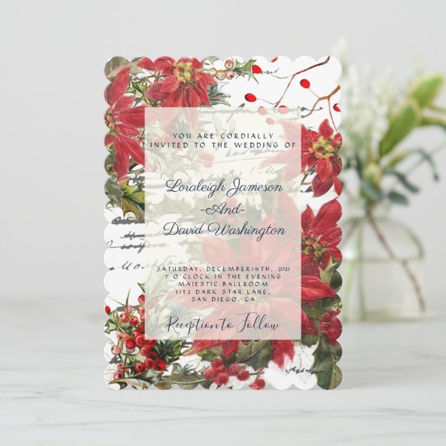 Einladung zur Hochzeit von Holly und Poinsettias (Stehend Vorderseite)