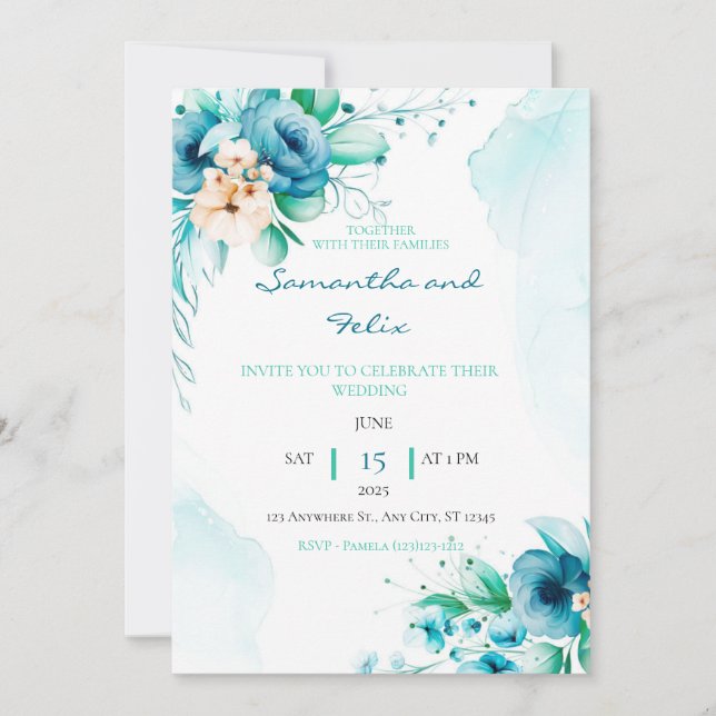 Einladung zur Hochzeit von hübschem Blau und Grün (Vorderseite)