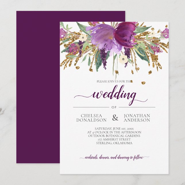 Einladung zur Hochzeit von lila Amethyst und Gold- (Vorne/Hinten)