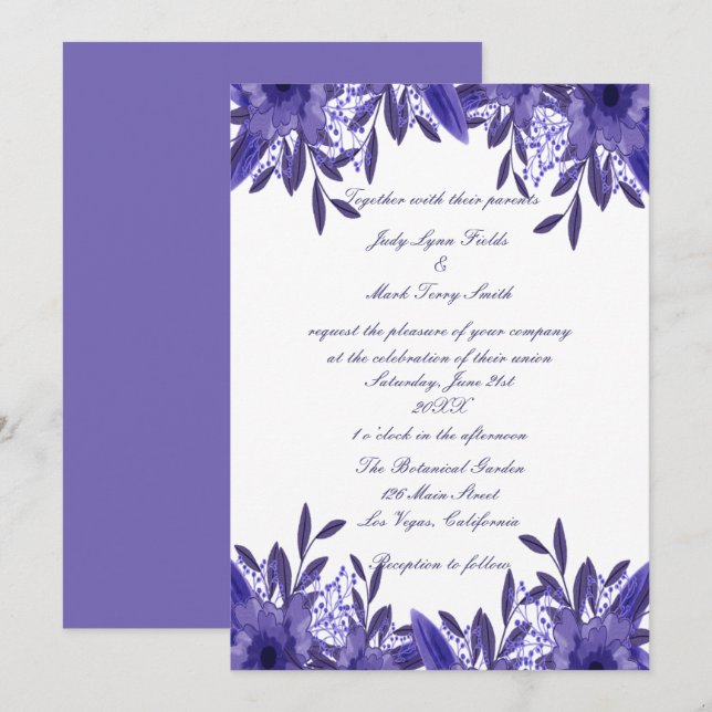 Einladung zur Hochzeit von lila blauen Blättern (Vorne/Hinten)