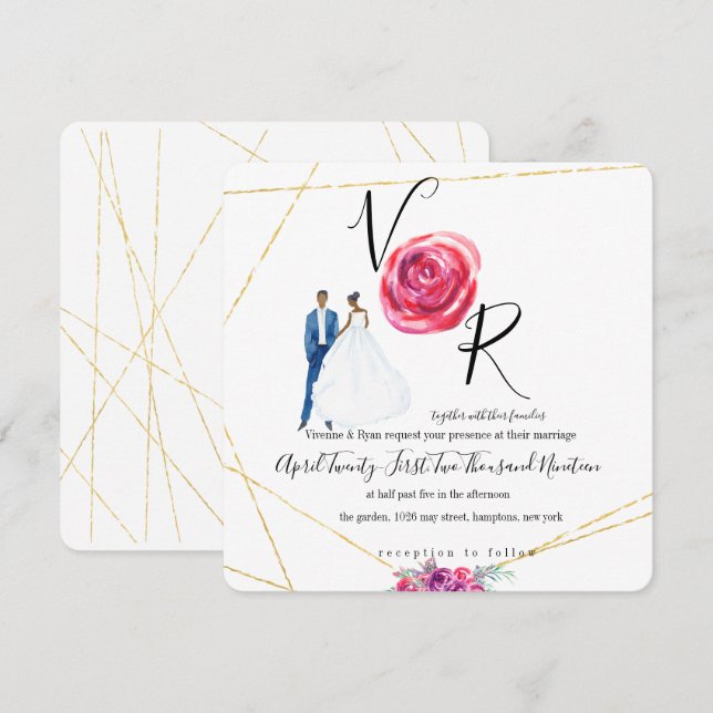 Einladung zur Hochzeit von Lila Blumen in Gold (Vorne/Hinten)