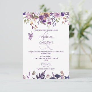 Einladung zur Hochzeit von lila Blumen/Schmetterli