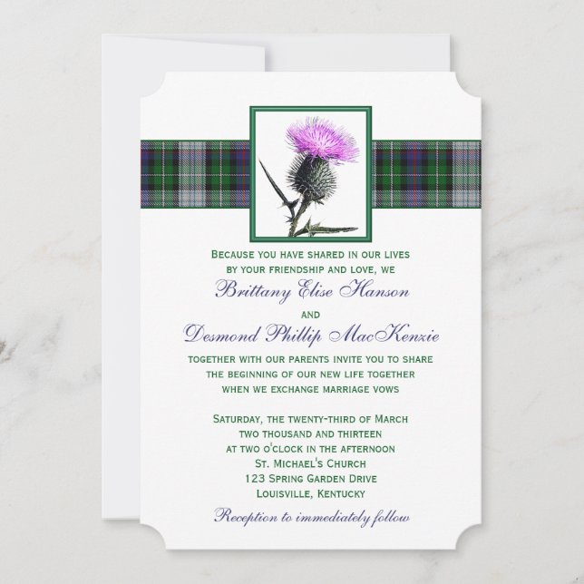 Einladung zur Hochzeit von lila grünem Tartan This (Vorderseite)