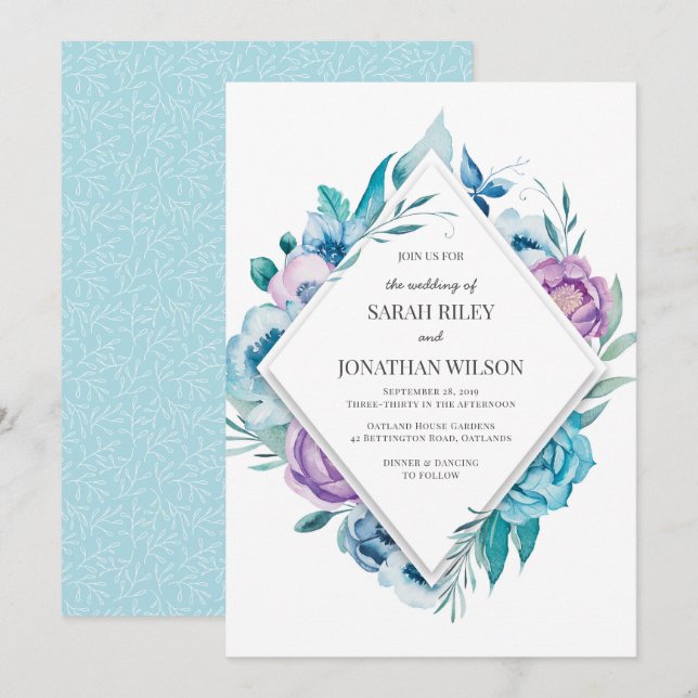 Einladung zur Hochzeit von lila und Blauen Flora (Vorne/Hinten)