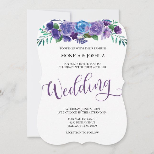 Einladung zur Hochzeit von lila und blauen Flüssen (Vorderseite)