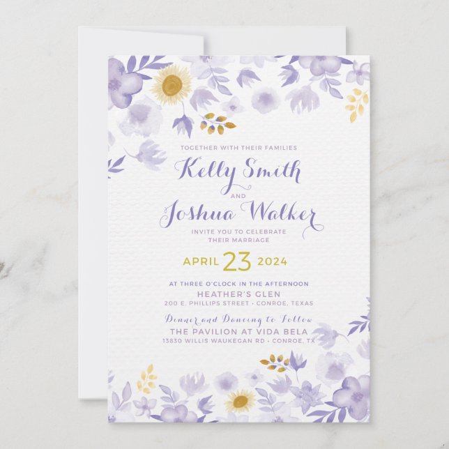 Einladung zur Hochzeit von lila und gelben Blumen (Vorderseite)