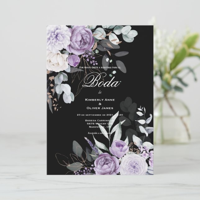 Einladung zur Hochzeit von lila und schwarzen Flüs (Stehend Vorderseite)