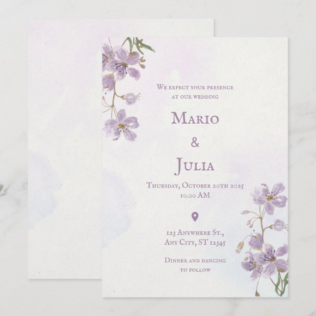 Einladung zur Hochzeit von lila Wasserfarben (Vorne/Hinten)