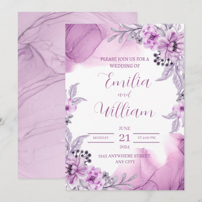Einladung zur Hochzeit von lila Wasserfarben (Vorne/Hinten)