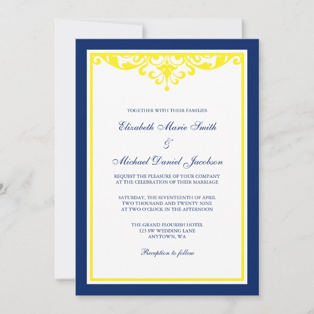 Einladung zur Hochzeit von Marineblau und Gelb (Vorderseite)