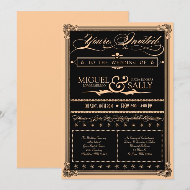 Einladung zur Hochzeit von Metallic Gold & Black D (Vorne/Hinten)