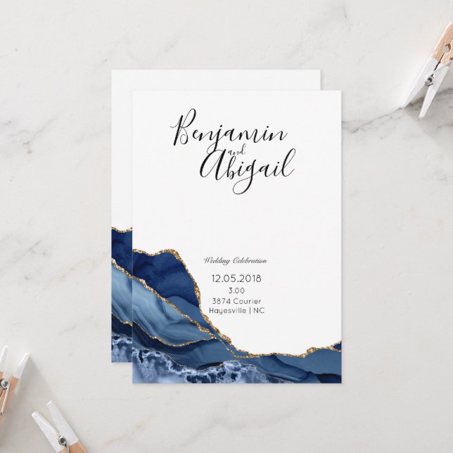 Einladung zur Hochzeit von Minimalistischem Blau u (Vorderseite/Rückseite Beispiel)
