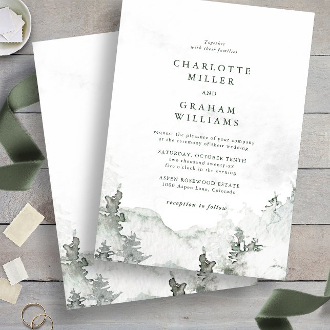 Einladung zur Hochzeit von Minimalistischem Wald (Green and White - Watercolor Minimalist Forest Wedding Invitation
)