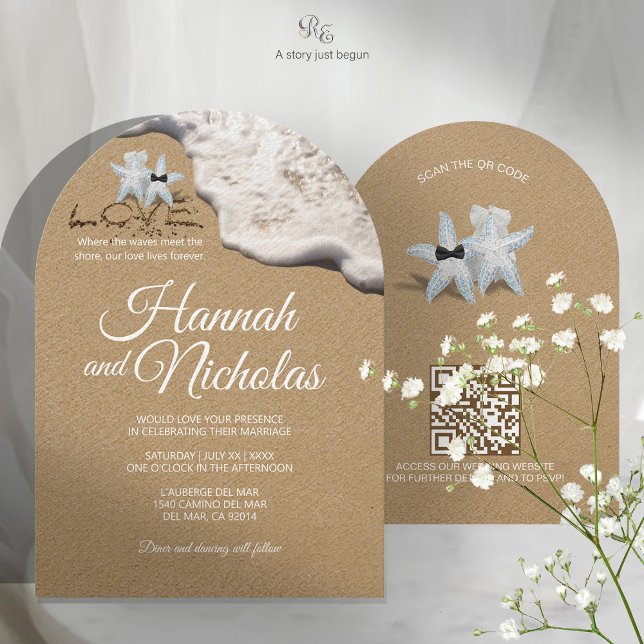 Einladung zur Hochzeit von Minimalistischen Starfi (Elegant arched wedding invitation styled with veil and baby’s breath accents.)
