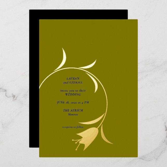Einladung zur Hochzeit von Mod Gold und Olivenöl (Vorderseite/Rückseite)