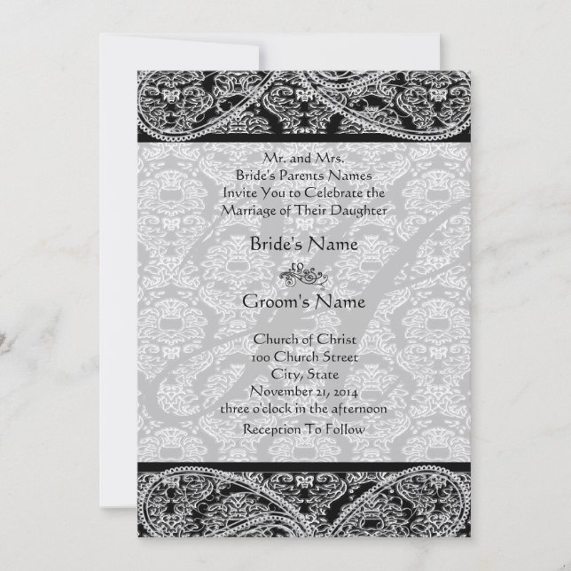 Einladung zur Hochzeit von Monogram Black Damask (Vorderseite)