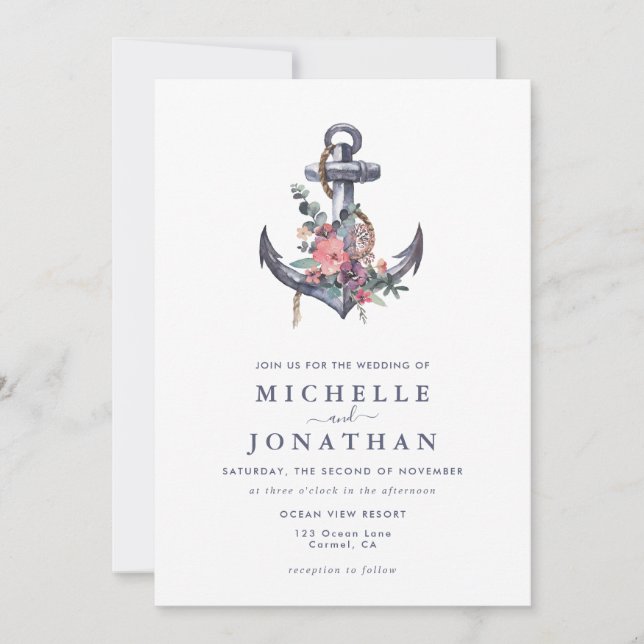 Einladung zur Hochzeit von Nautic Floral Anchor (Vorderseite)