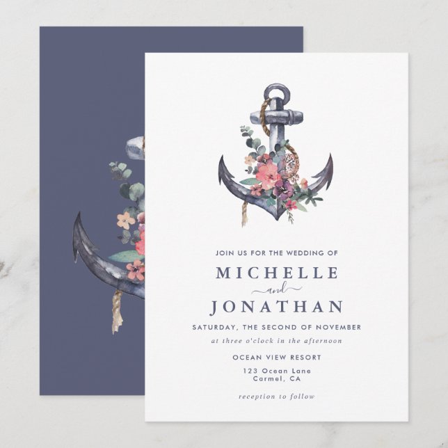 Einladung zur Hochzeit von Nautic Floral Anchor (Vorne/Hinten)