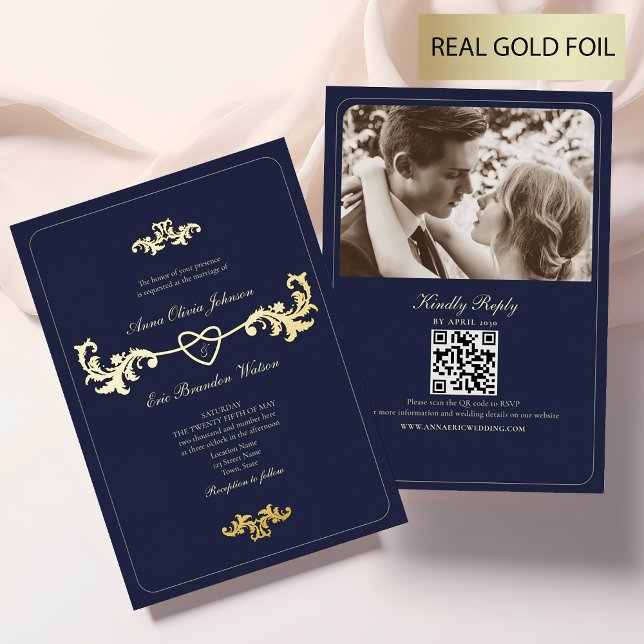 Einladung zur Hochzeit von Navy Blue and Gold Foil (Von Creator hochgeladen)