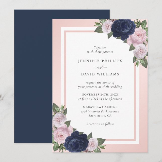 Einladung zur Hochzeit von Navy Blue Blush Pink Fl (Vorne/Hinten)