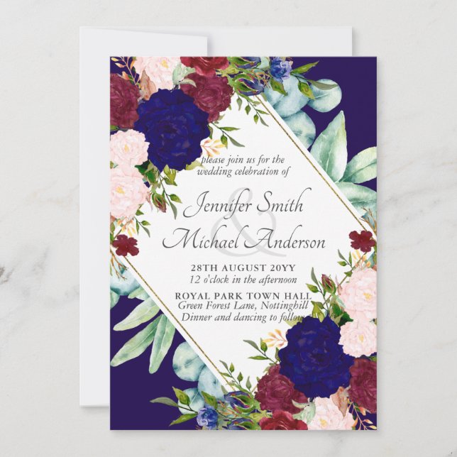 Einladung zur Hochzeit von Navy Blue Burgundy Pink (Vorderseite)