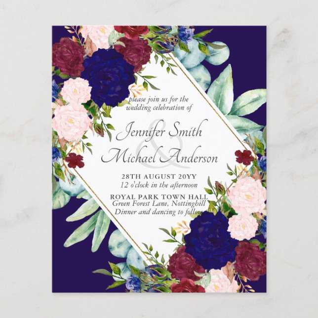 Einladung zur Hochzeit von Navy Blue Burgundy Pink (Vorderseite)